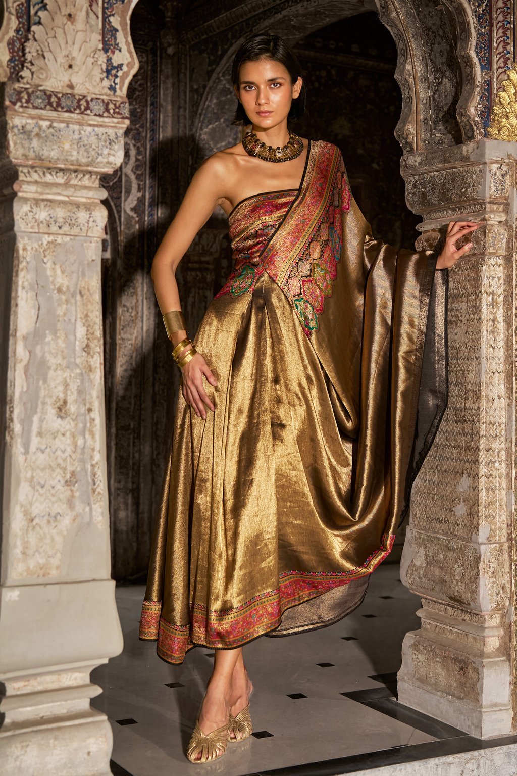 One-Shoulder Benares Weave Gown