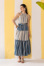 Blue & Beige Striped Maxi Dress