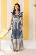 Blue & Beige Striped Skirt Set