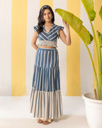 Blue & Beige Striped Skirt Set