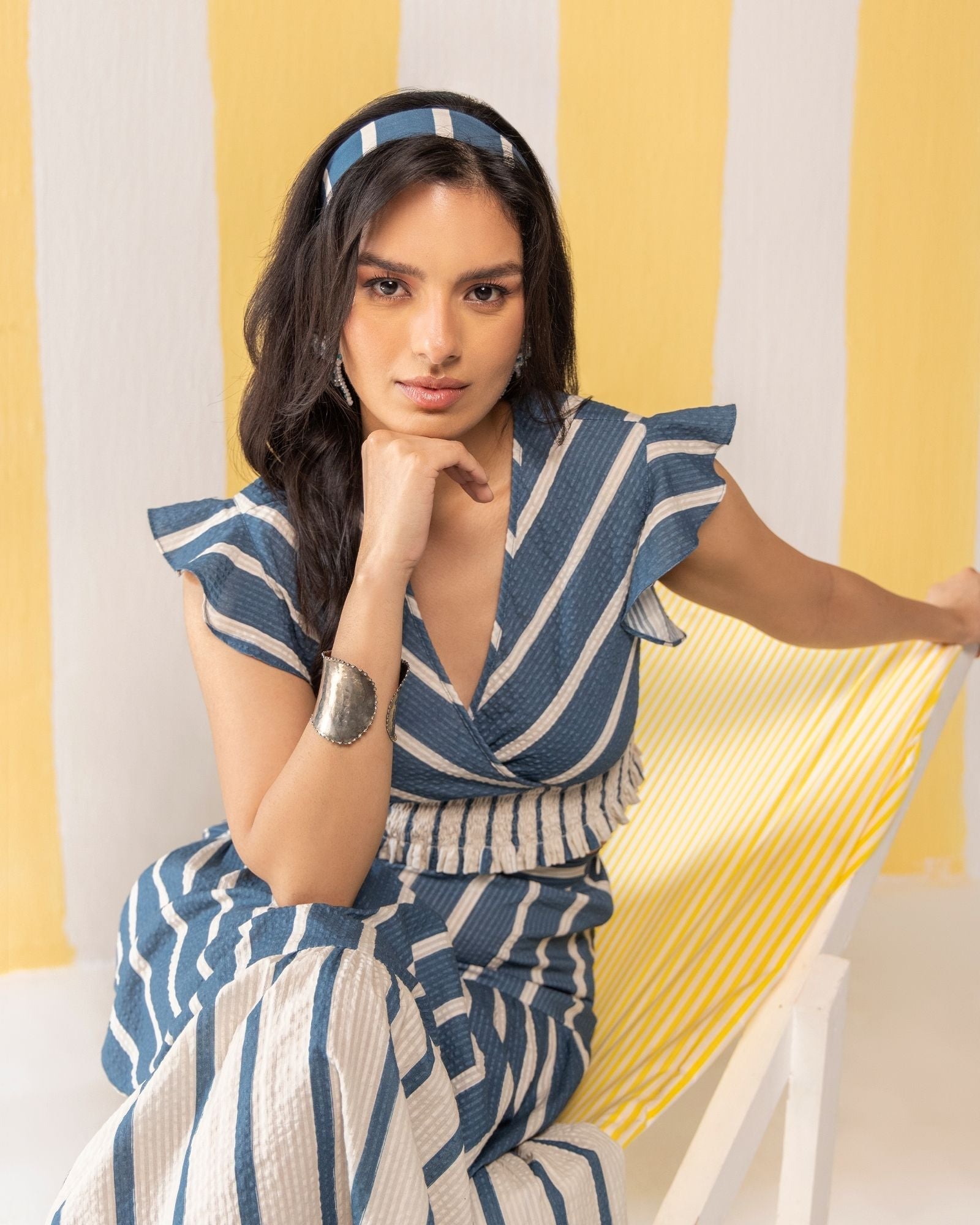 Blue & Beige Striped Skirt Set