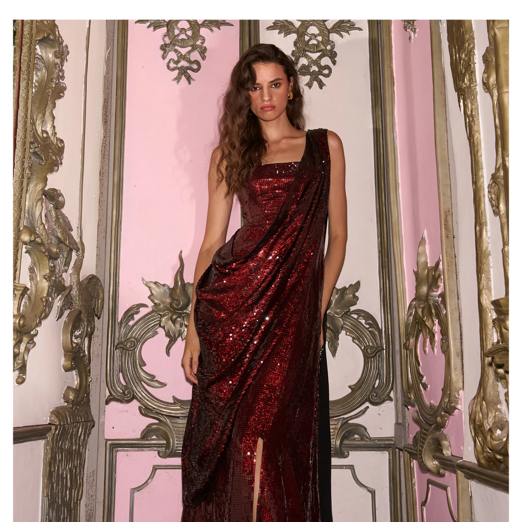 Sequin Sari Drape Gown Ruby Red