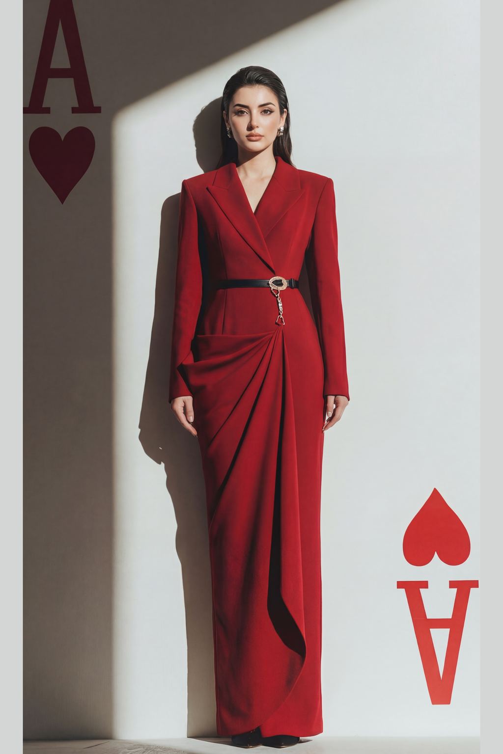 Crimson Blazer-Drape Dress
