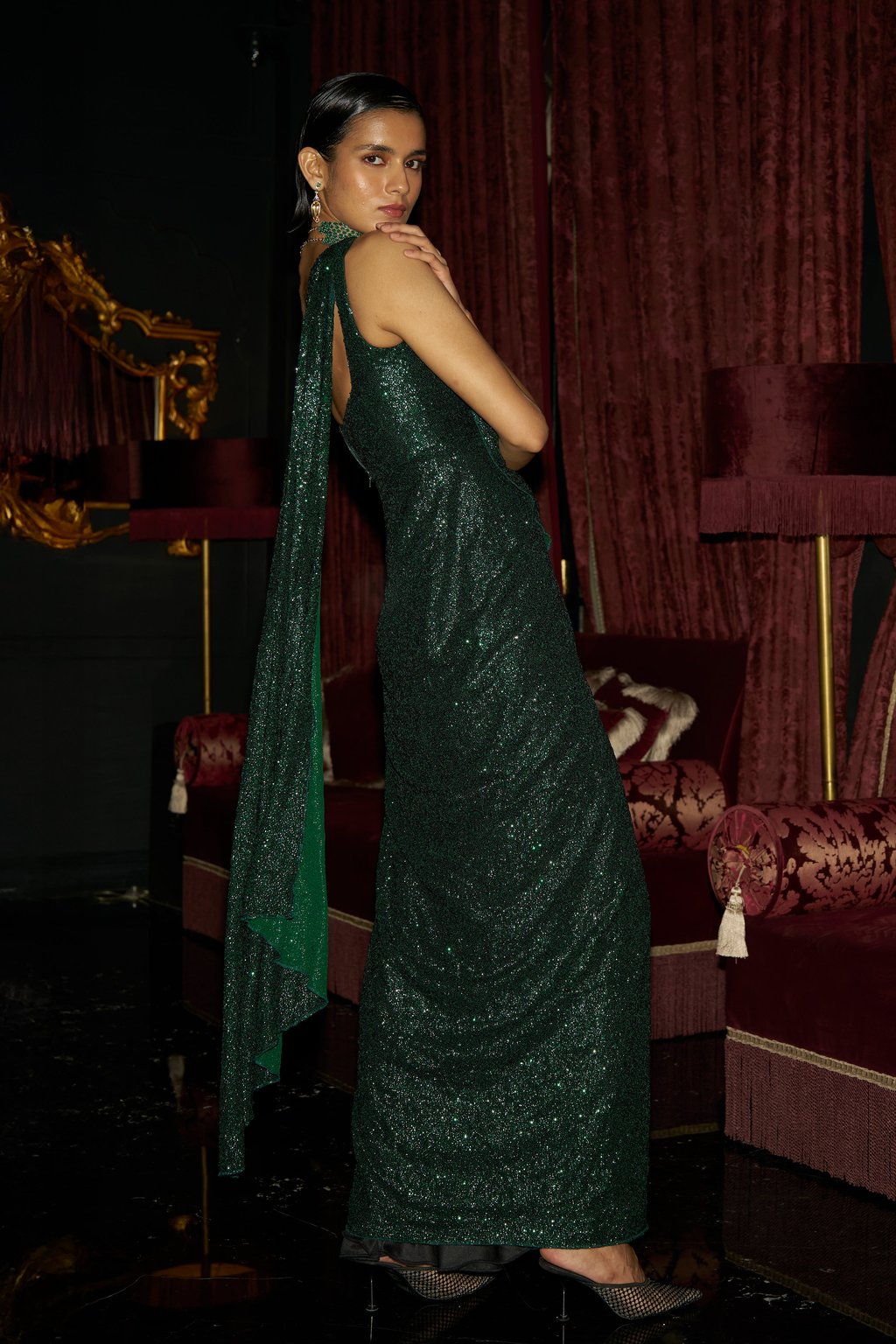 Sequin Sari Drape Gown