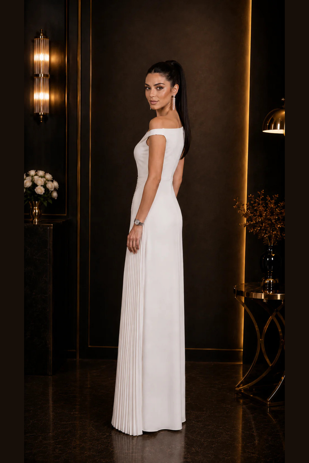 Ivory Pleated Drape Dress