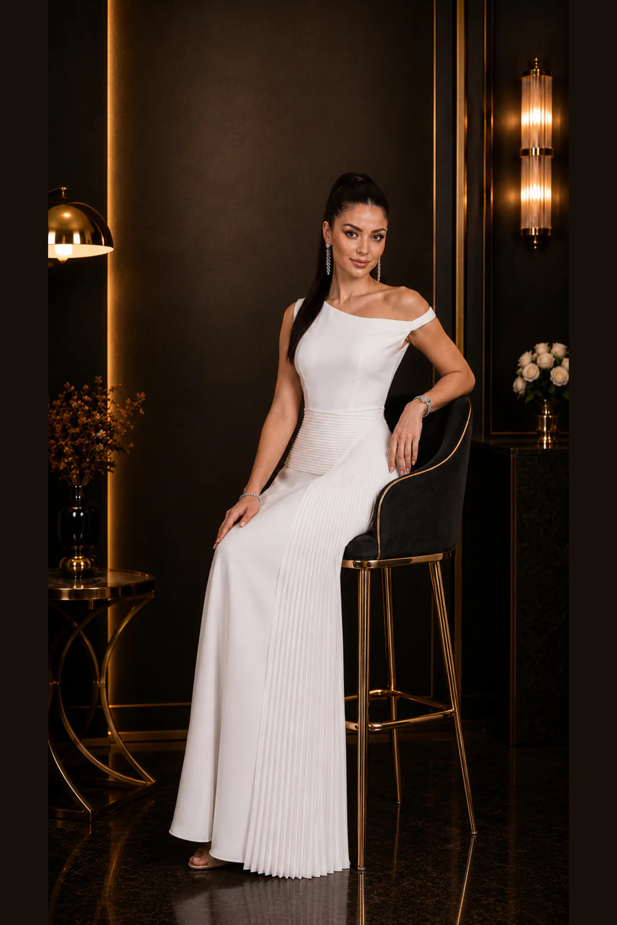 Ivory Pleated Drape Dress