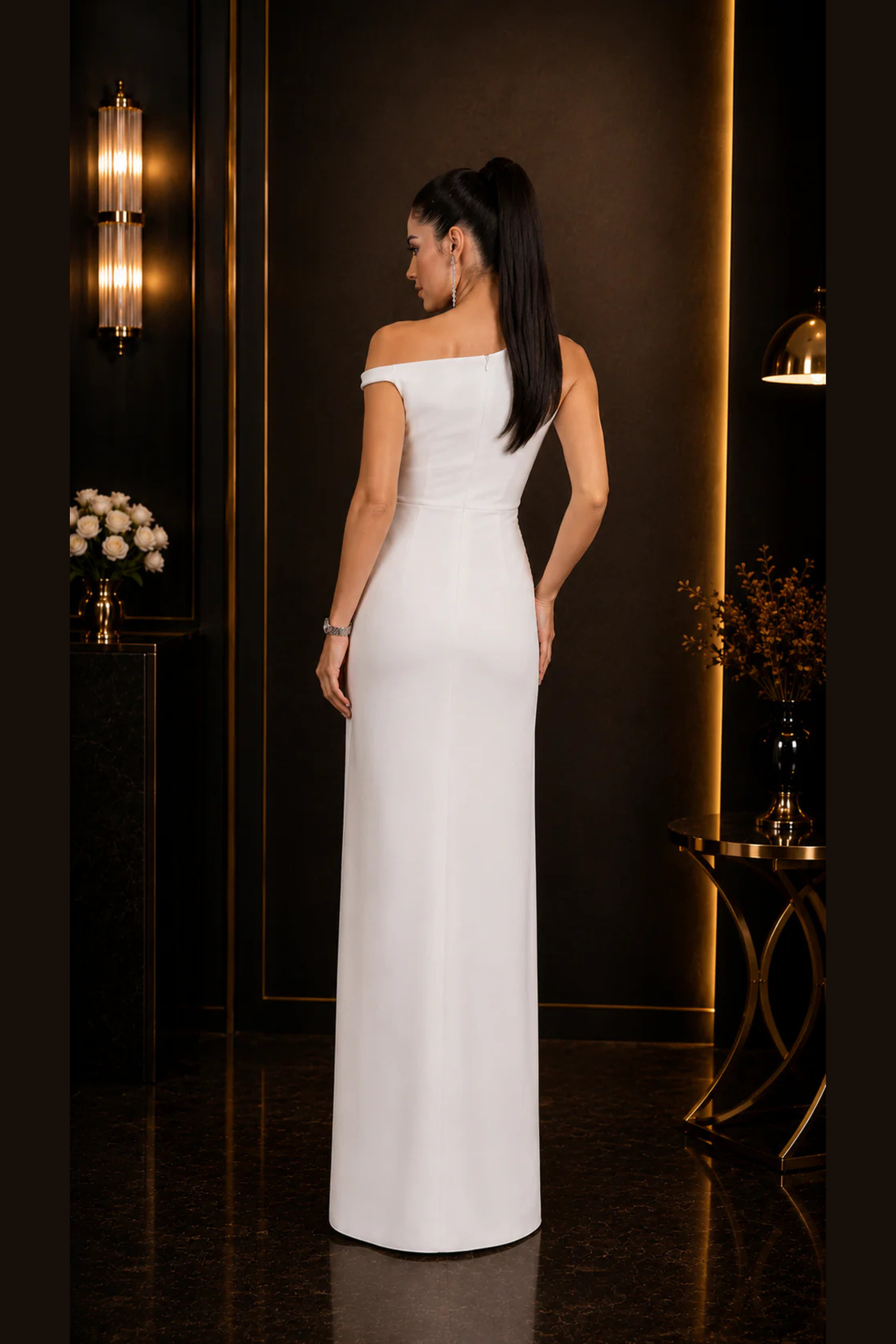 Ivory Pleated Drape Dress