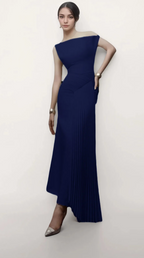 Blue Pleated Drape Dress