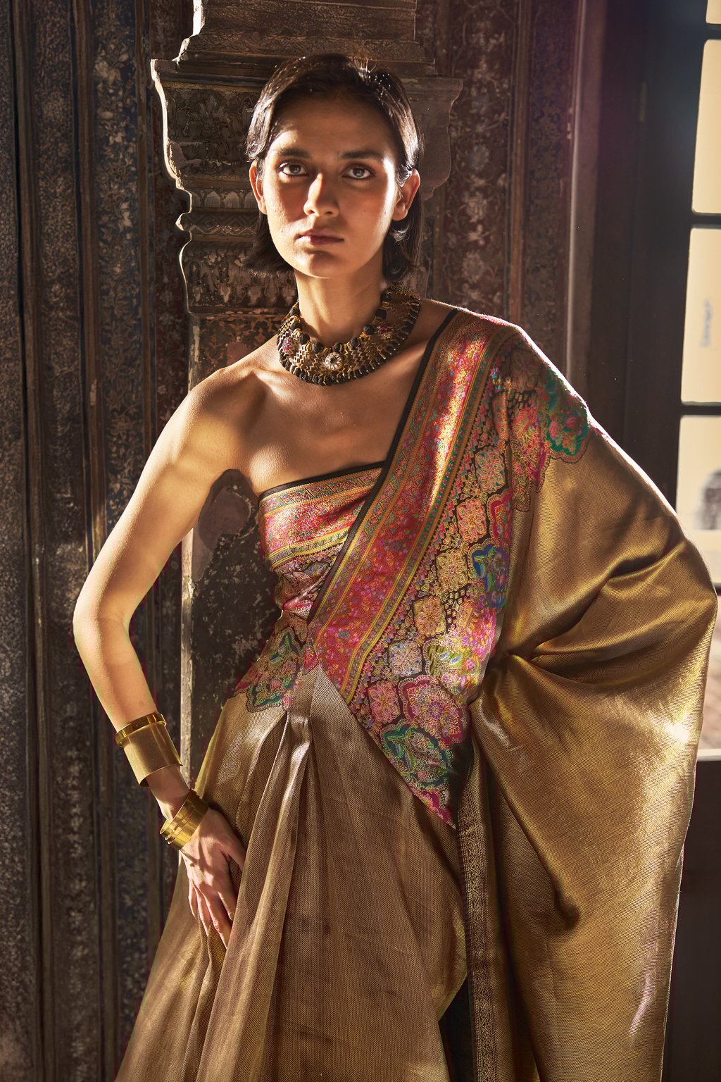 One-Shoulder Benares Weave Gown