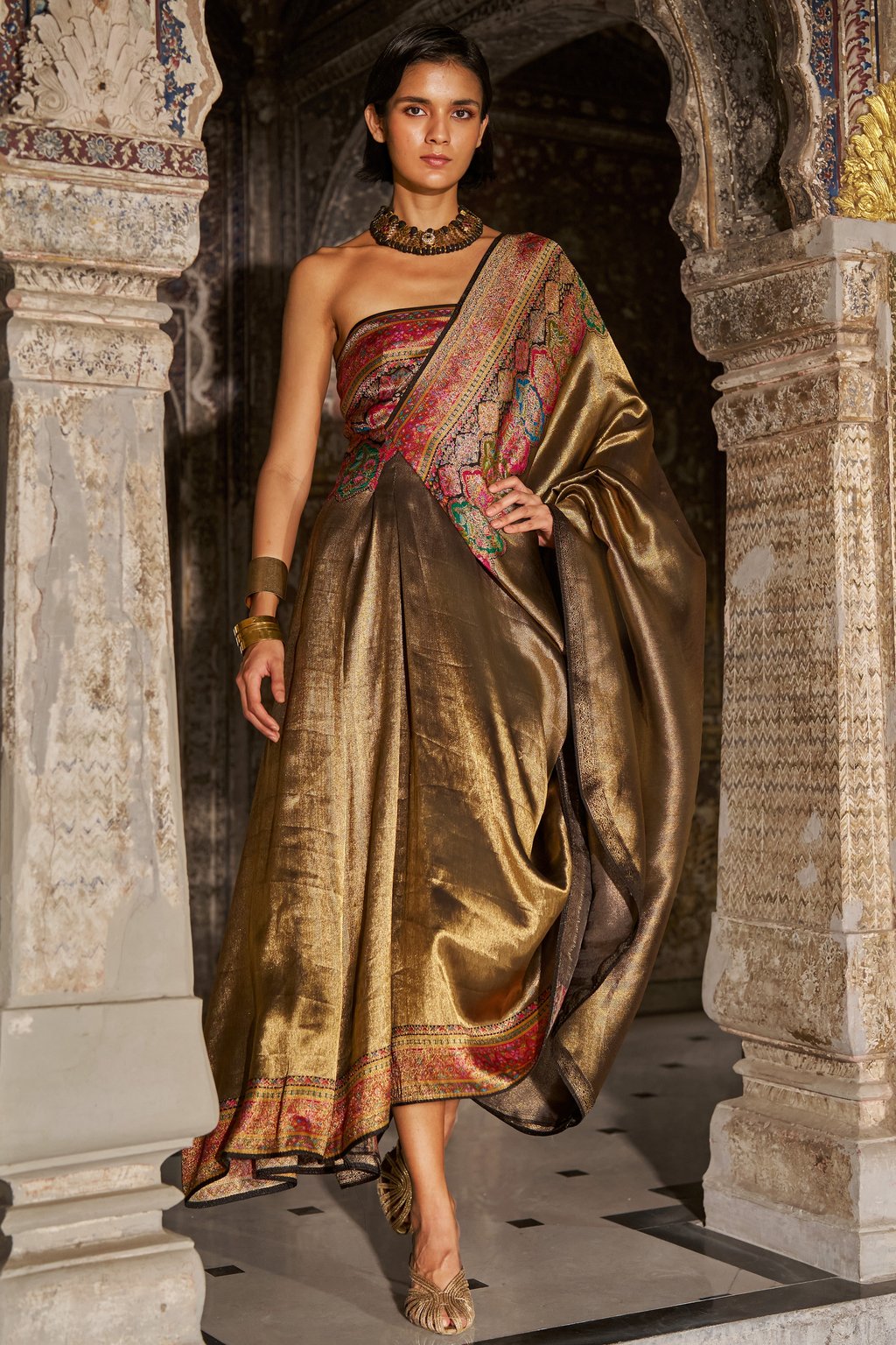 One-Shoulder Benares Weave Gown
