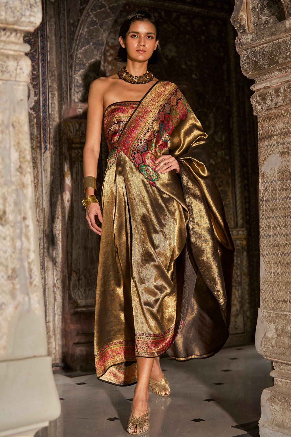 One-Shoulder Benares Weave Gown