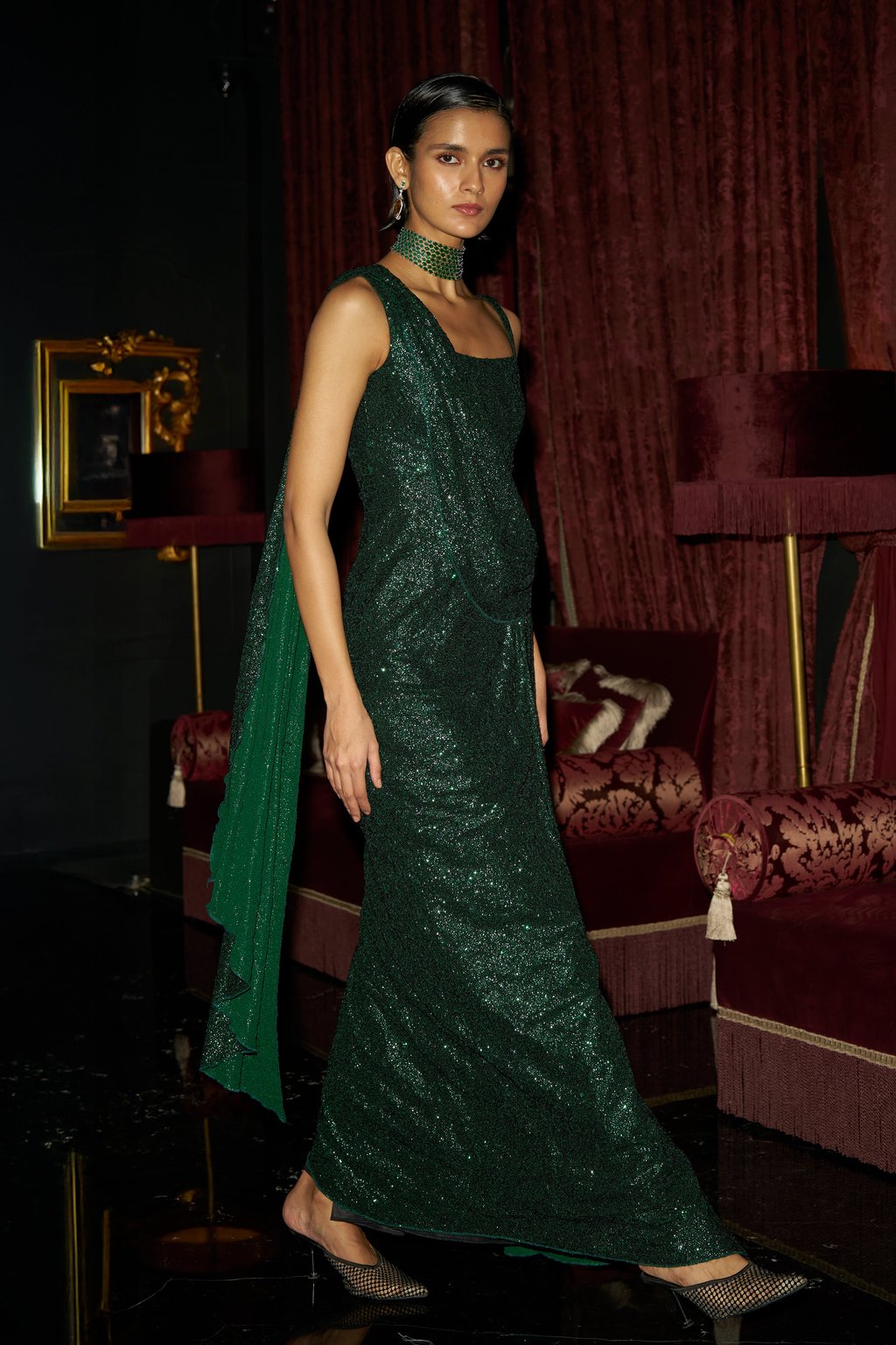 Sequin Sari Drape Gown