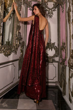 Sequin Sari Drape Gown Ruby Red