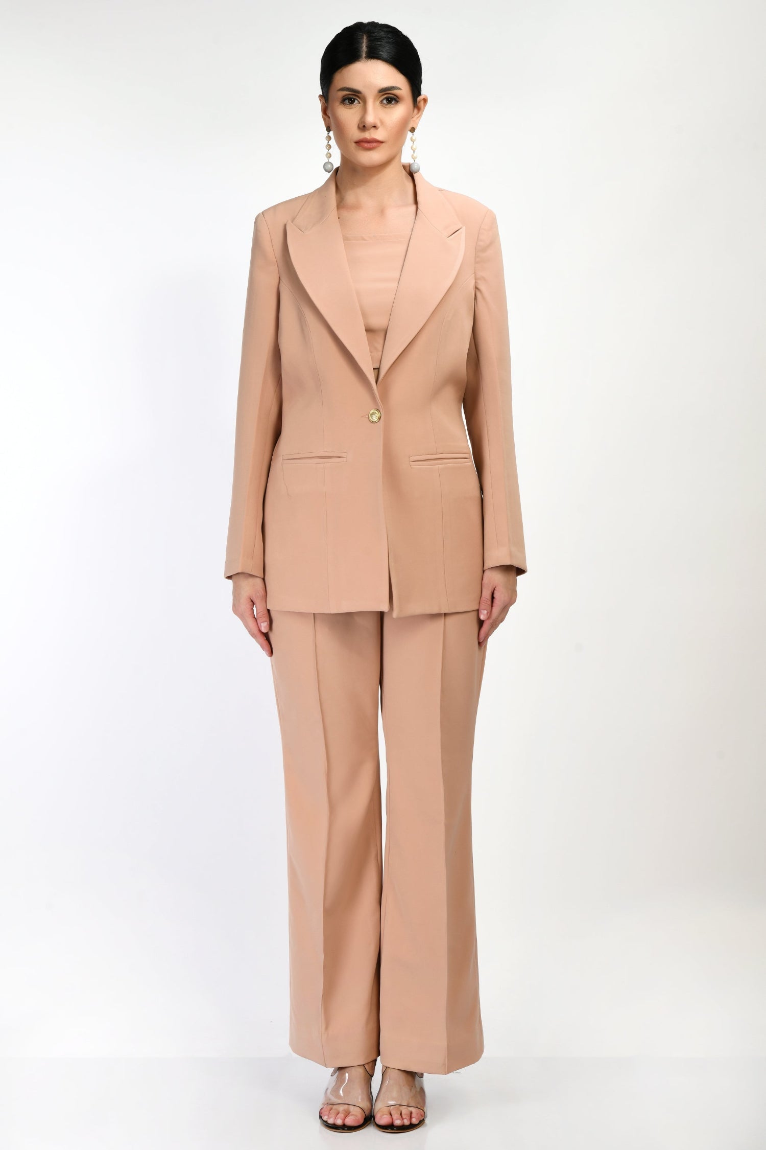 Catford  Beige Fine Crepe Solid 3 Piece Blazer Set For Women