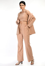 Catford  Beige Fine Crepe Solid 3 Piece Blazer Set For Women