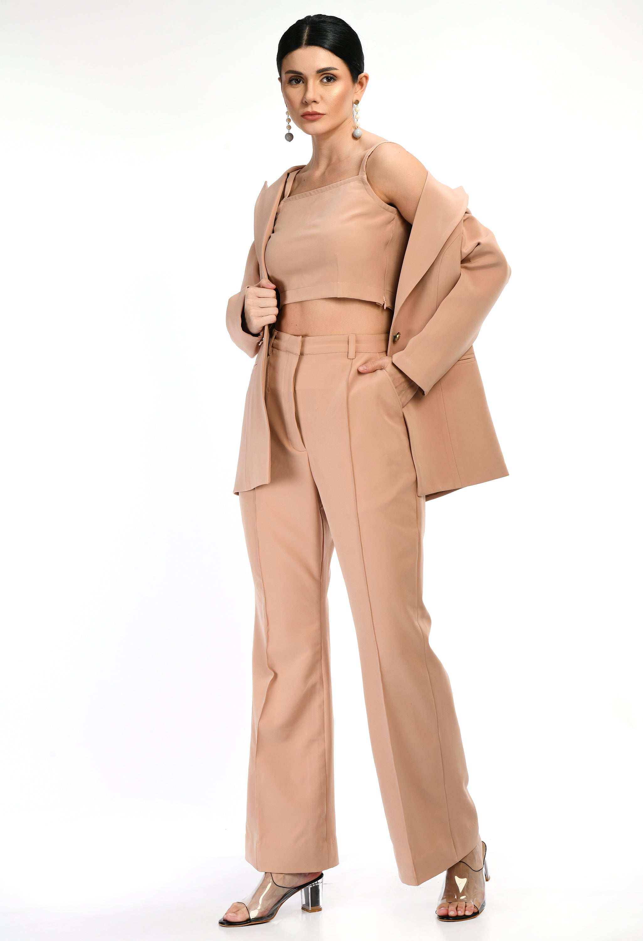 Catford  Beige Fine Crepe Solid 3 Piece Blazer Set For Women