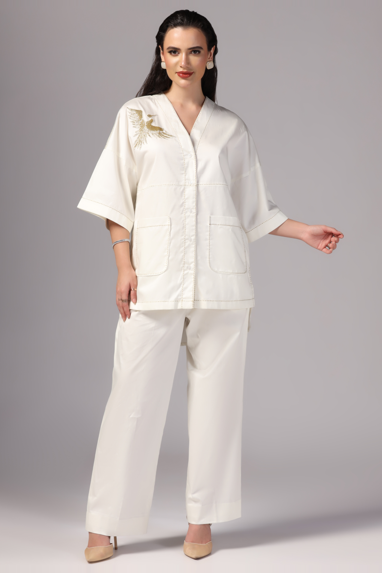 Cotton Co-ord Set Ivory Color with Hand Embroidery