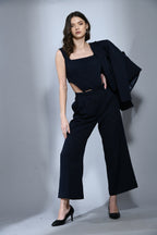 Nautical Navy Blue Fine Crepe 3 Piece Blazer Set For Women