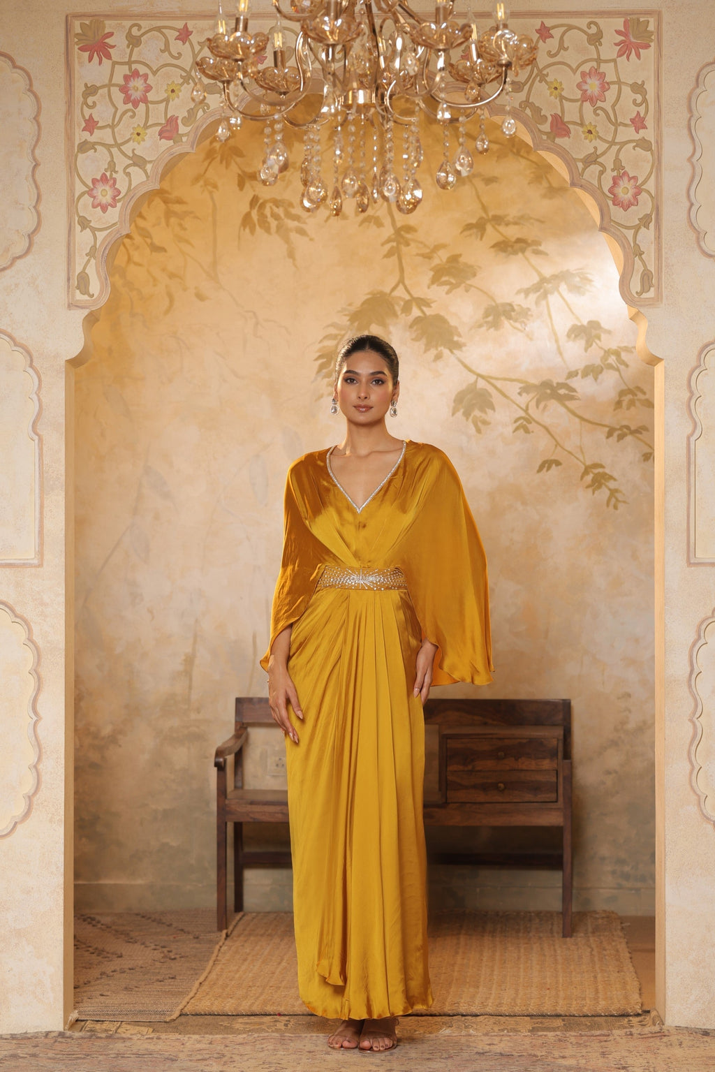 Yellow Crepe V- Neck Embroiderd Kaftan – Handcrafted Festive Wear