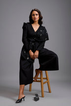 Structured Wide-Leg Jumpsuit with Crystal Bow Detail