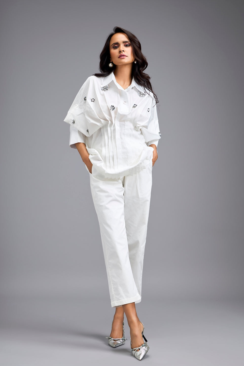 White Embellished Button-down Shirt With Pants