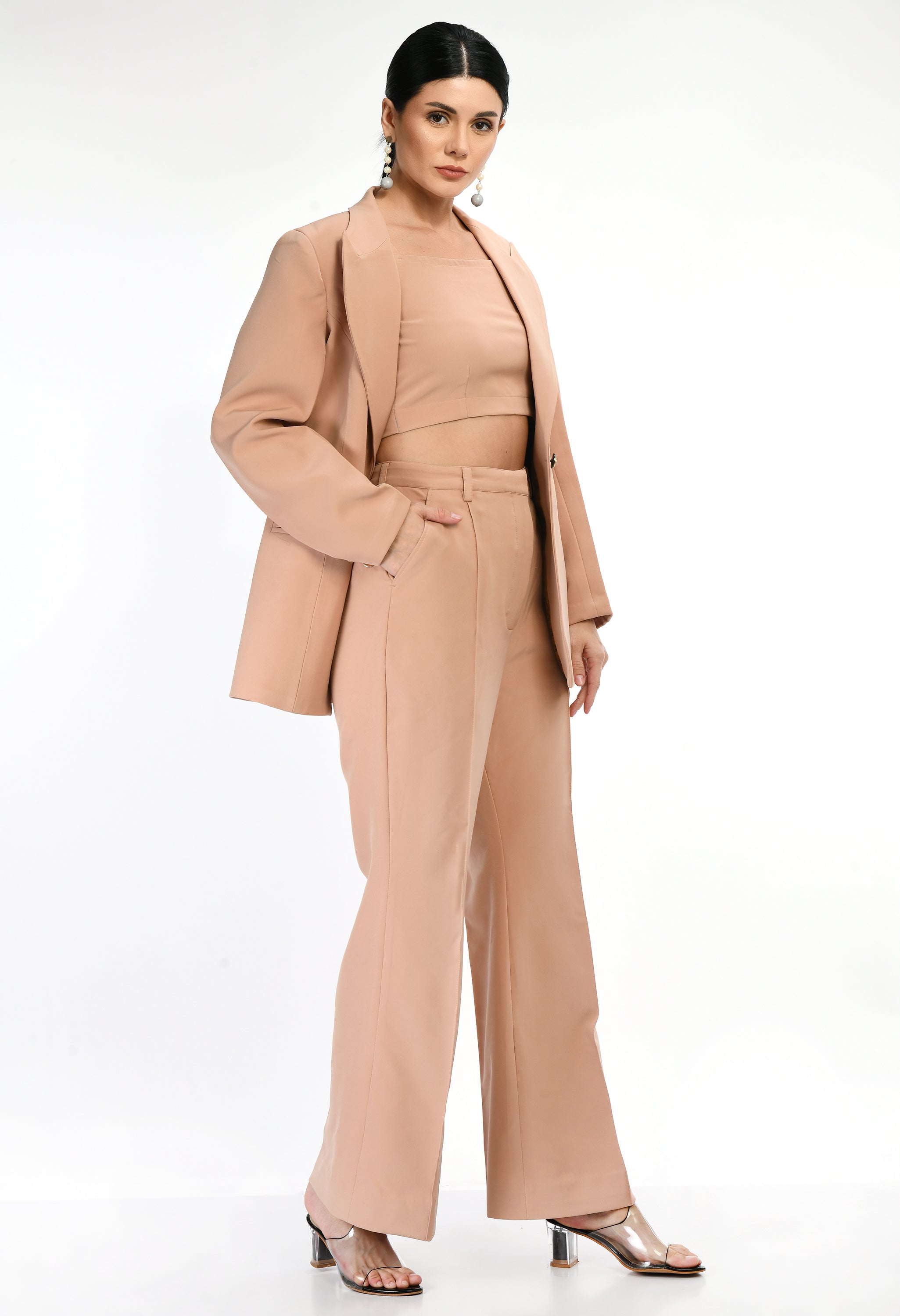 Catford  Beige Fine Crepe Solid 3 Piece Blazer Set For Women