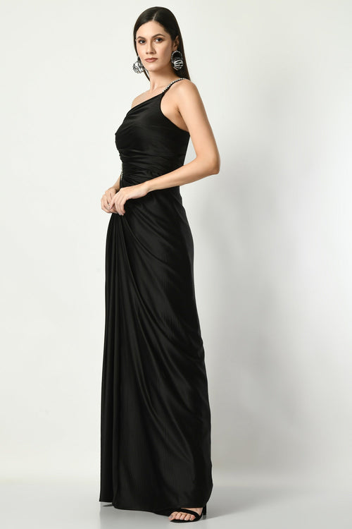 Abilene Black One-Shoulder Cocktail Gown