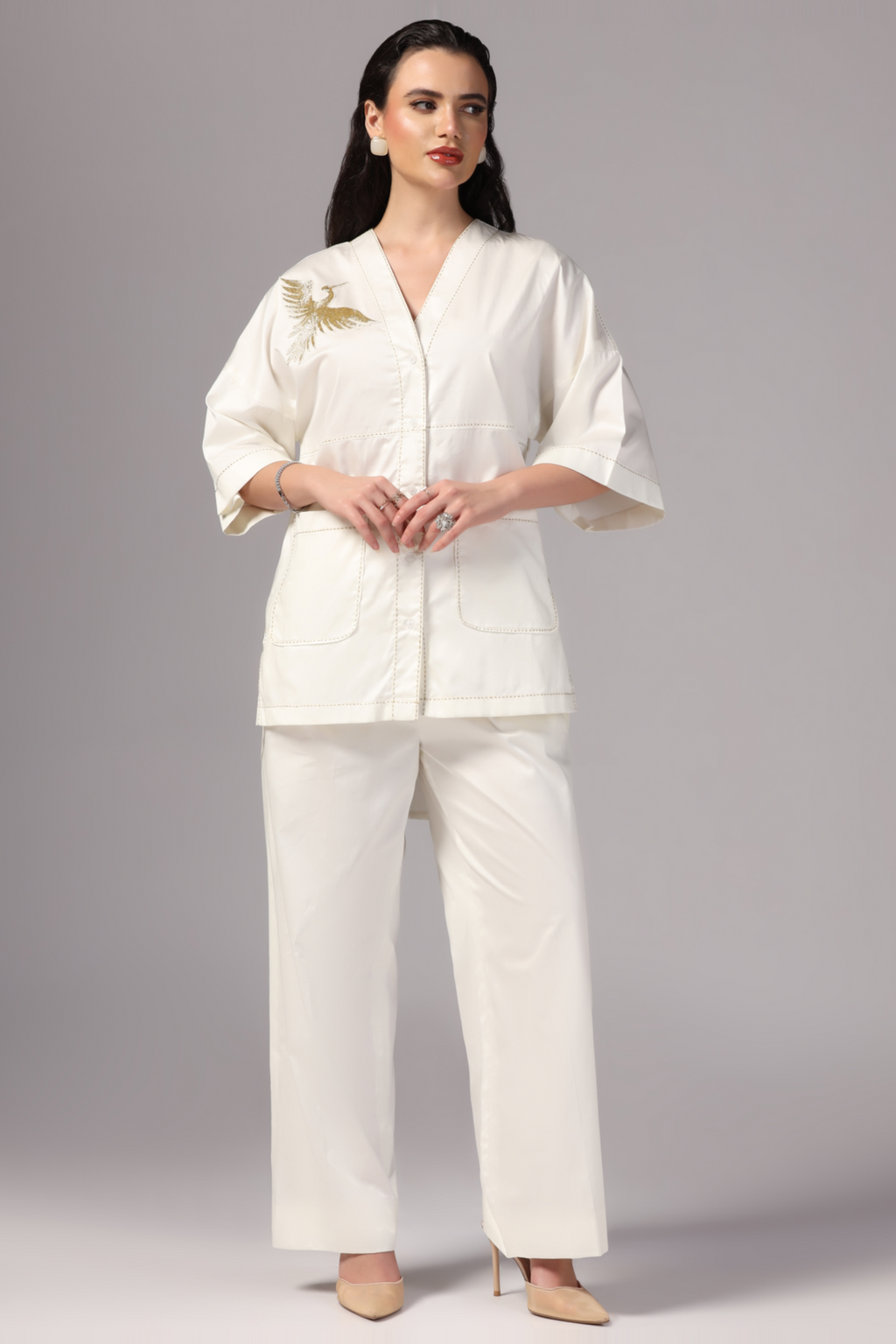 Cotton Co-ord Set Ivory Color with Hand Embroidery