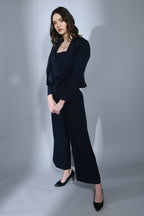 Nautical Navy Blue Fine Crepe 3 Piece Blazer Set For Women