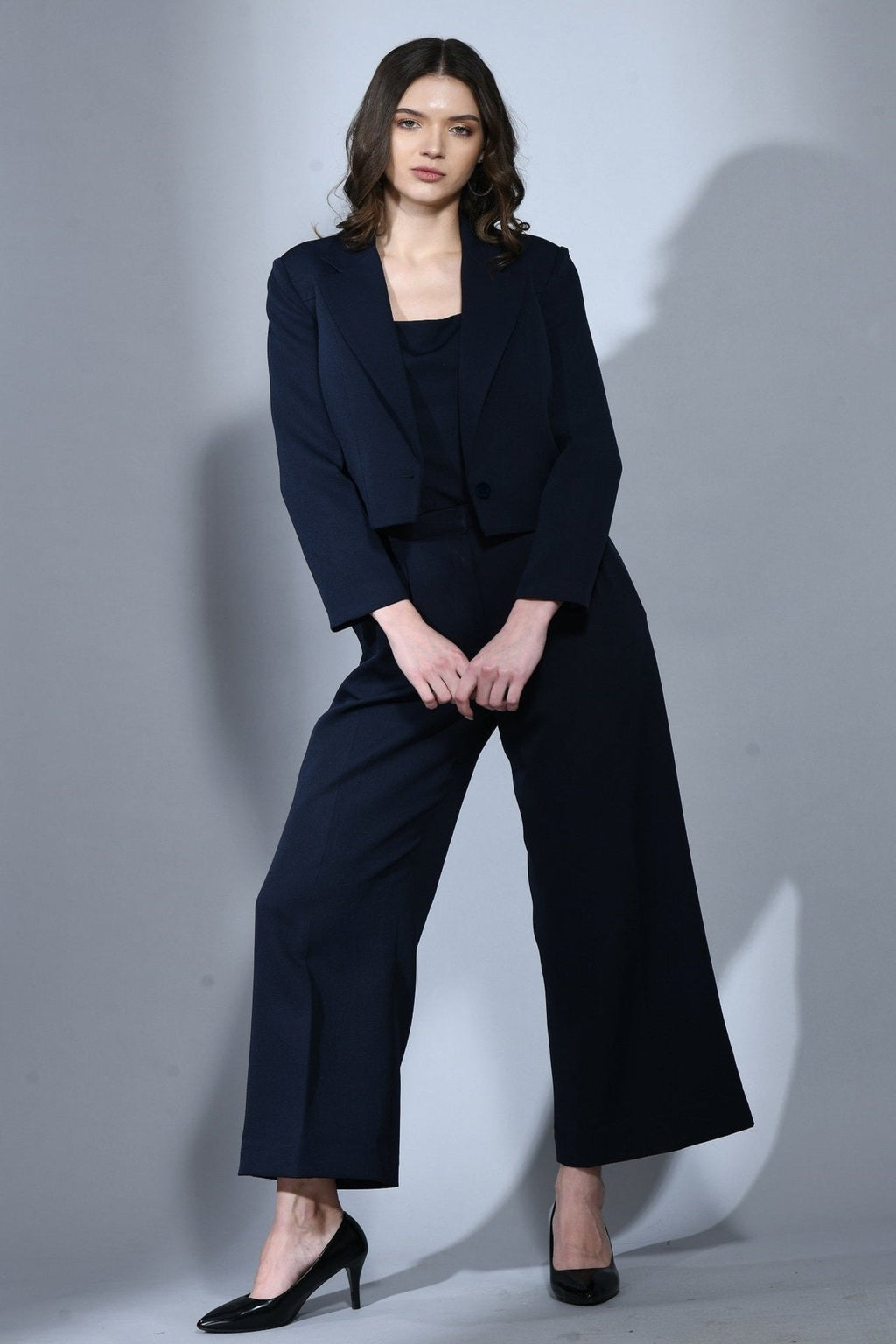 Nautical Navy Blue Fine Crepe 3 Piece Blazer Set For Women