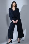 Nautical Navy Blue Fine Crepe 3 Piece Blazer Set For Women