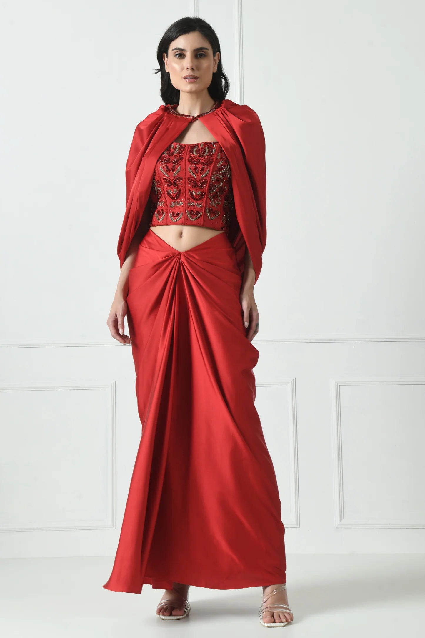 Red Indo-Western Skirt Dress With Cape for Women