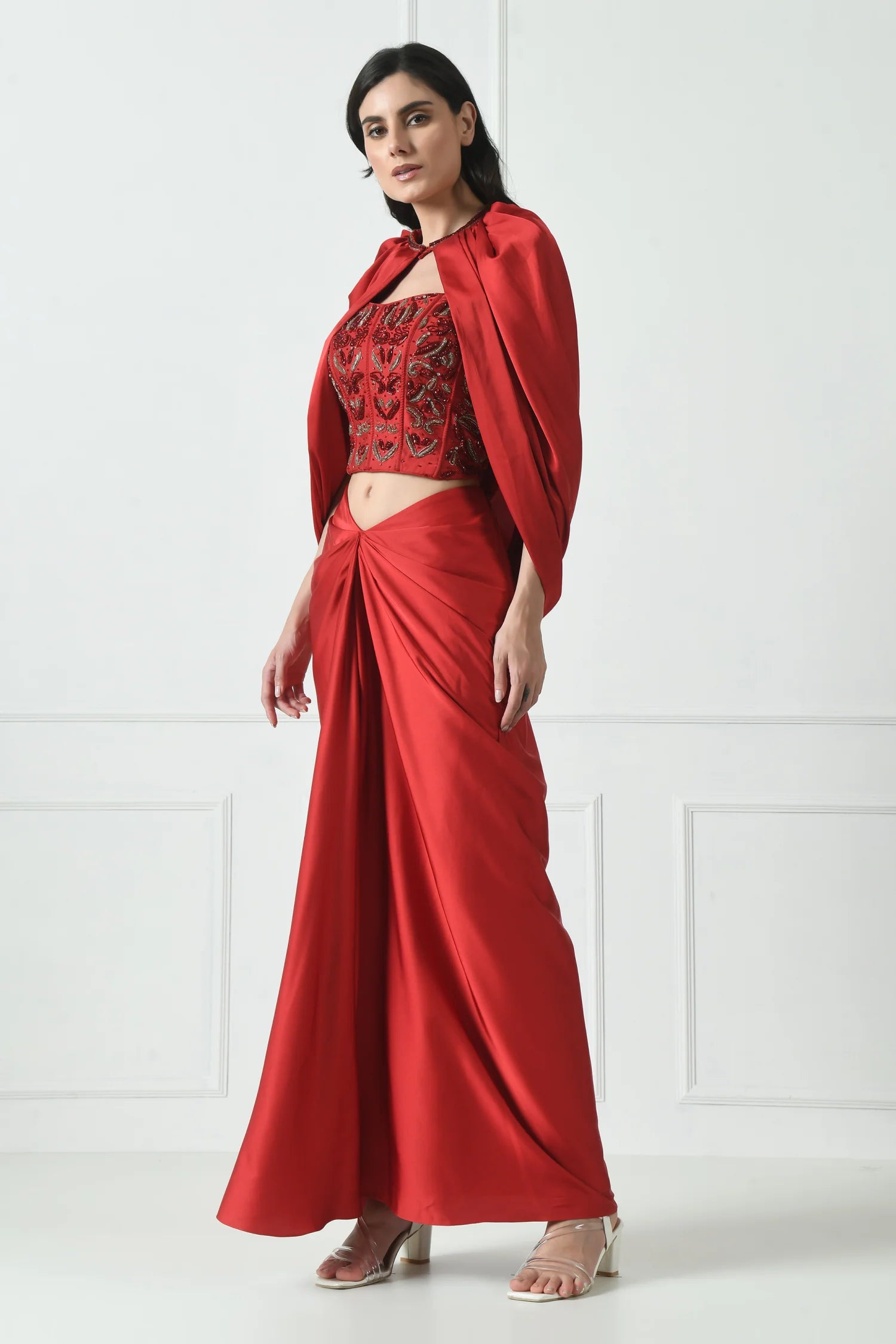 Red Indo-Western Skirt Dress With Cape for Women