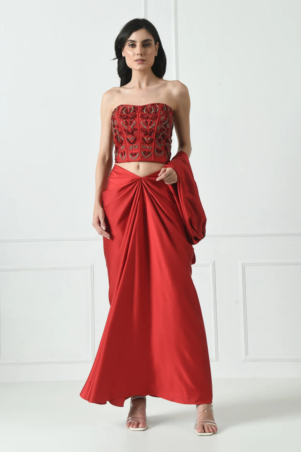 Red Indo-Western Skirt Dress With Cape for Women