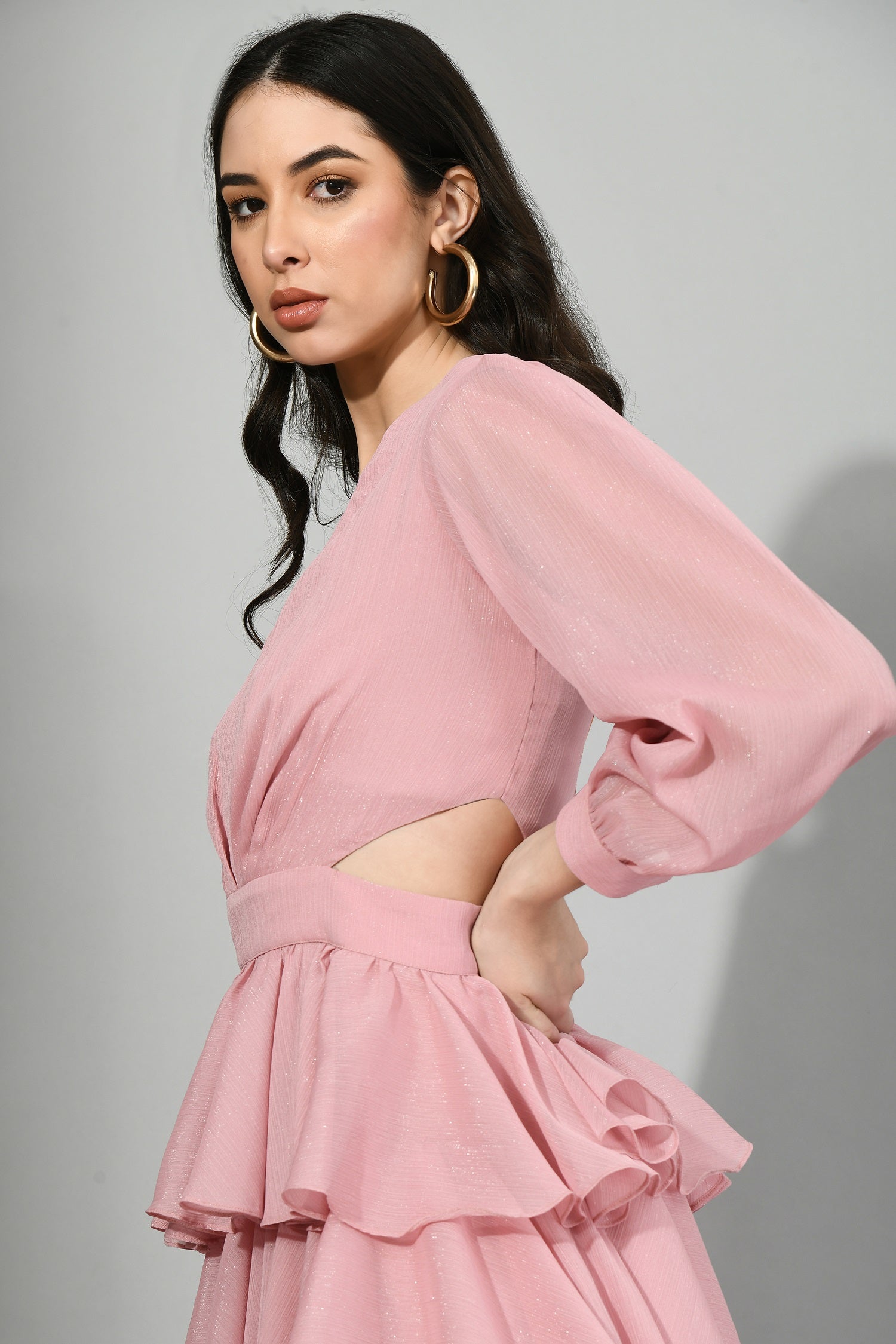 Chic Ruffle Dress with Side Waist Cuts for Glamour