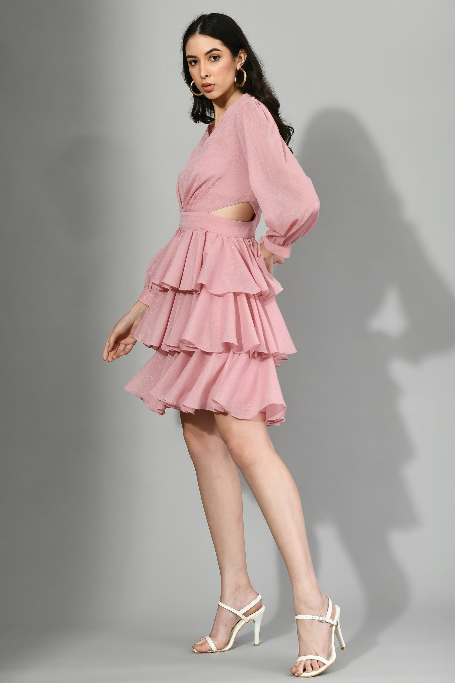 Chic Ruffle Dress with Side Waist Cuts for Glamour
