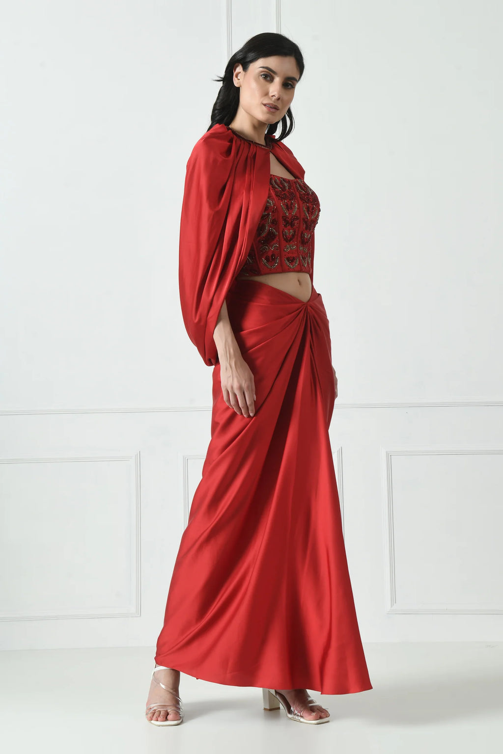 Red Indo-Western Skirt Dress With Cape for Women