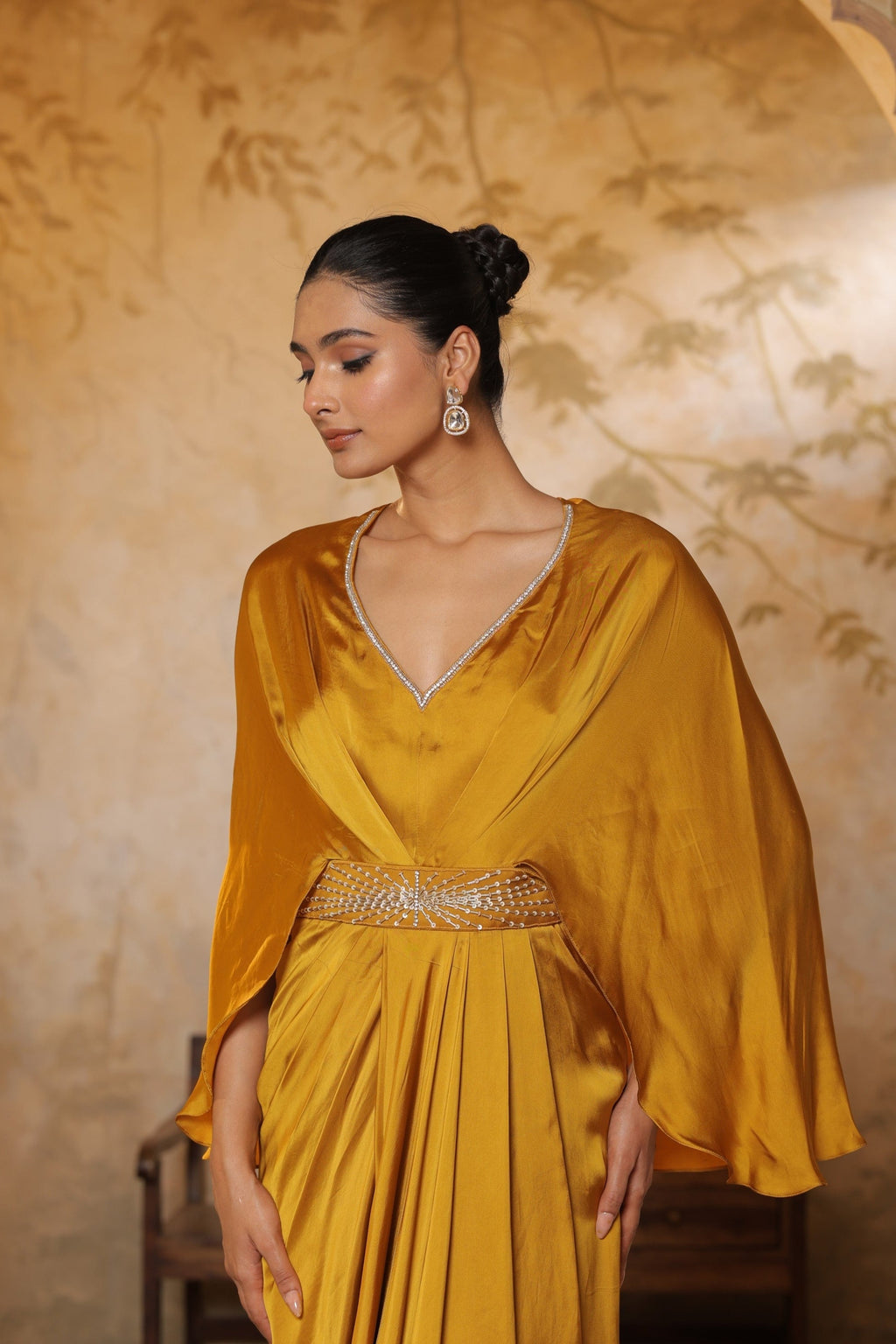 Yellow Crepe V- Neck Embroiderd Kaftan – Handcrafted Festive Wear