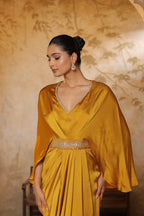 Yellow Crepe V- Neck Embroiderd Kaftan – Handcrafted Festive Wear