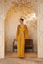 Yellow Crepe V- Neck Embroiderd Kaftan – Handcrafted Festive Wear
