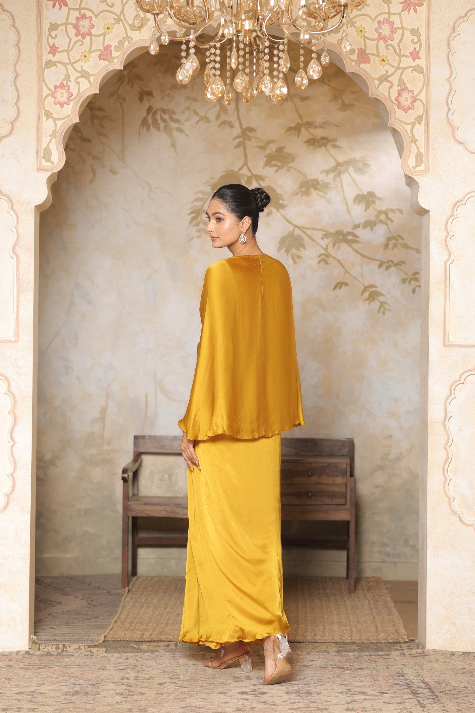 Yellow Crepe V- Neck Embroiderd Kaftan – Handcrafted Festive Wear