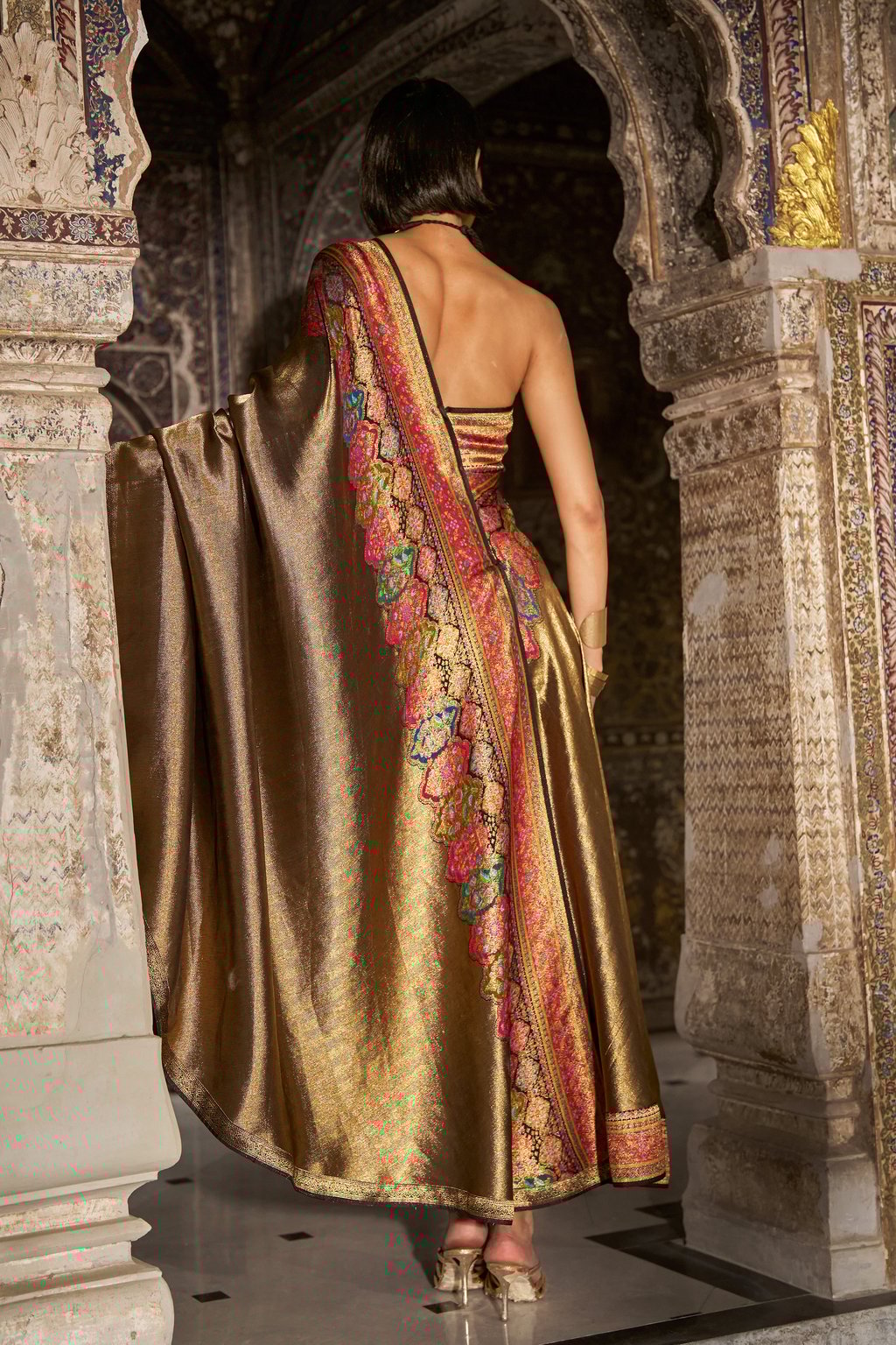 One-Shoulder Benares Weave Gown