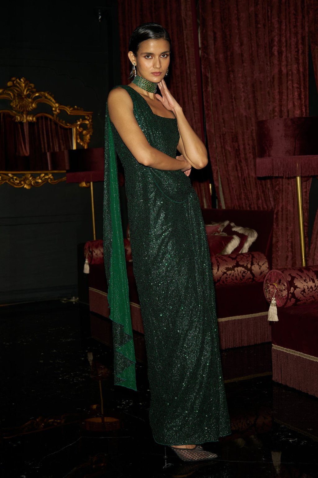 Sequin Sari Drape Gown