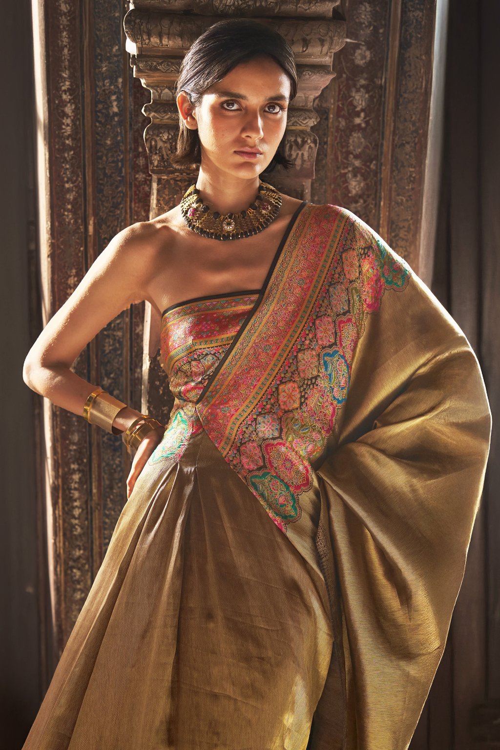 One-Shoulder Benares Weave Gown