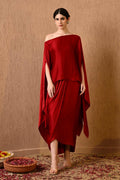 Terry Red Kaftan Dress with draped Indo western skirt for women