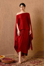Terry Red Kaftan Dress with draped Indo western skirt for women