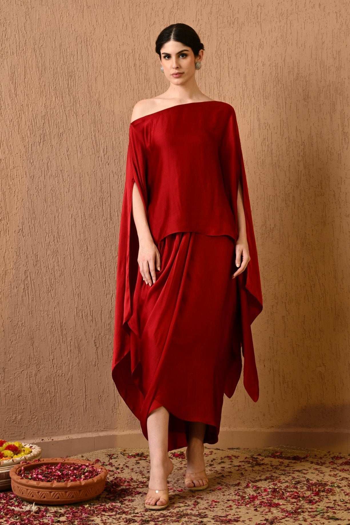 Terry Red Kaftan Dress with draped Indo western skirt for women