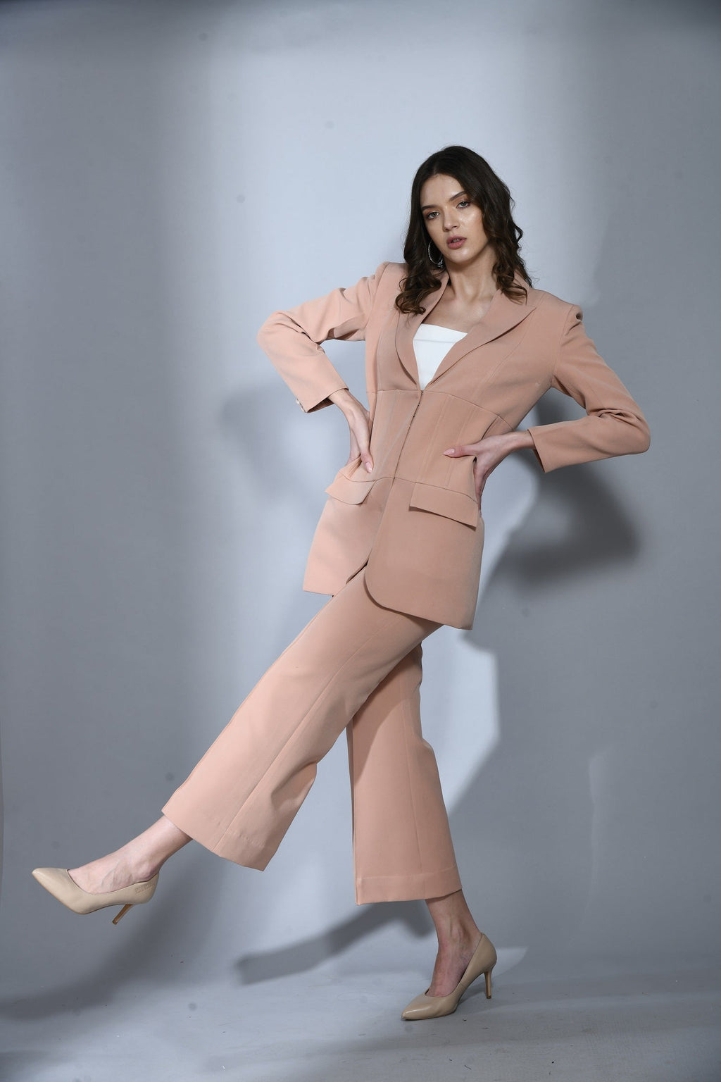 Canary Beige  - Crepe 2 Piece Corset Blazer Set For Women