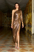 One Shoulder Metallic Lace Column Gown