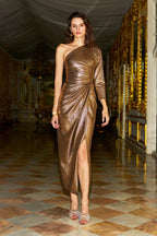One Shoulder Metallic Lace Column Gown